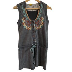 Anthropologie Lulumari Dress Medium Gray‎ Drop Waist Embroidered Hooded Boho Y2K